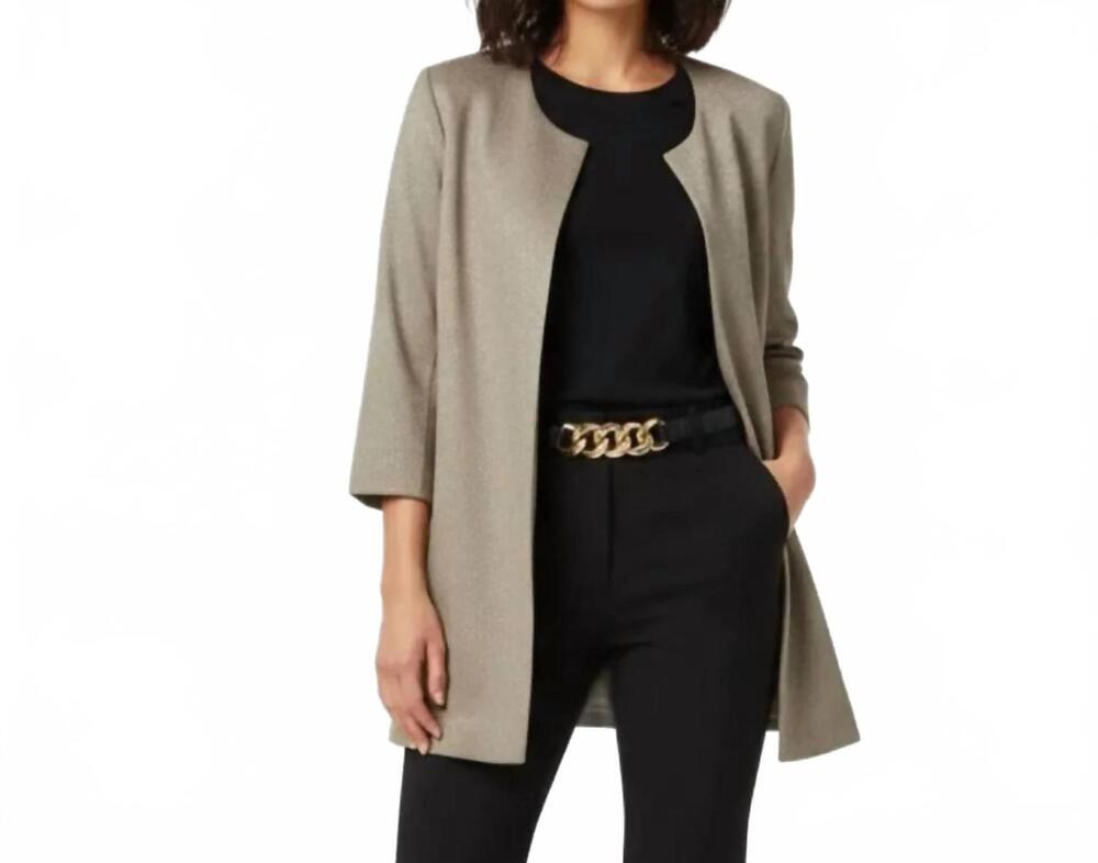 NEW EILEEN FISHER silk jacquard print open front collarless jacket in stone